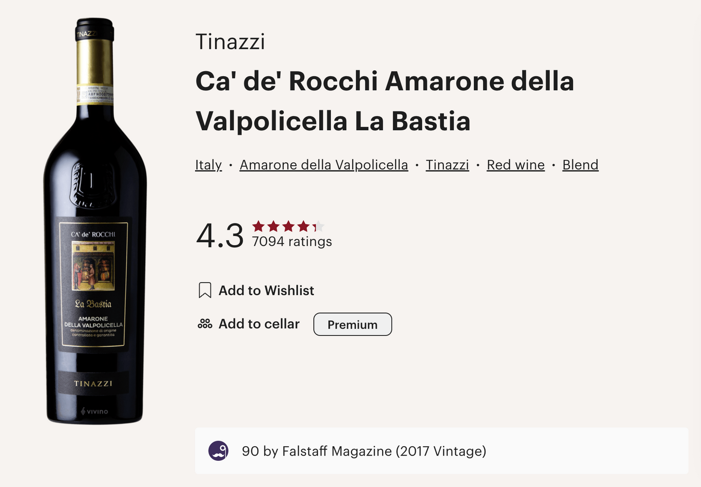 意大利 Tinazzi La Bastìa della Valpolicella DOCG Amarone 2018 (風乾紅酒) (vivino 4.3!)