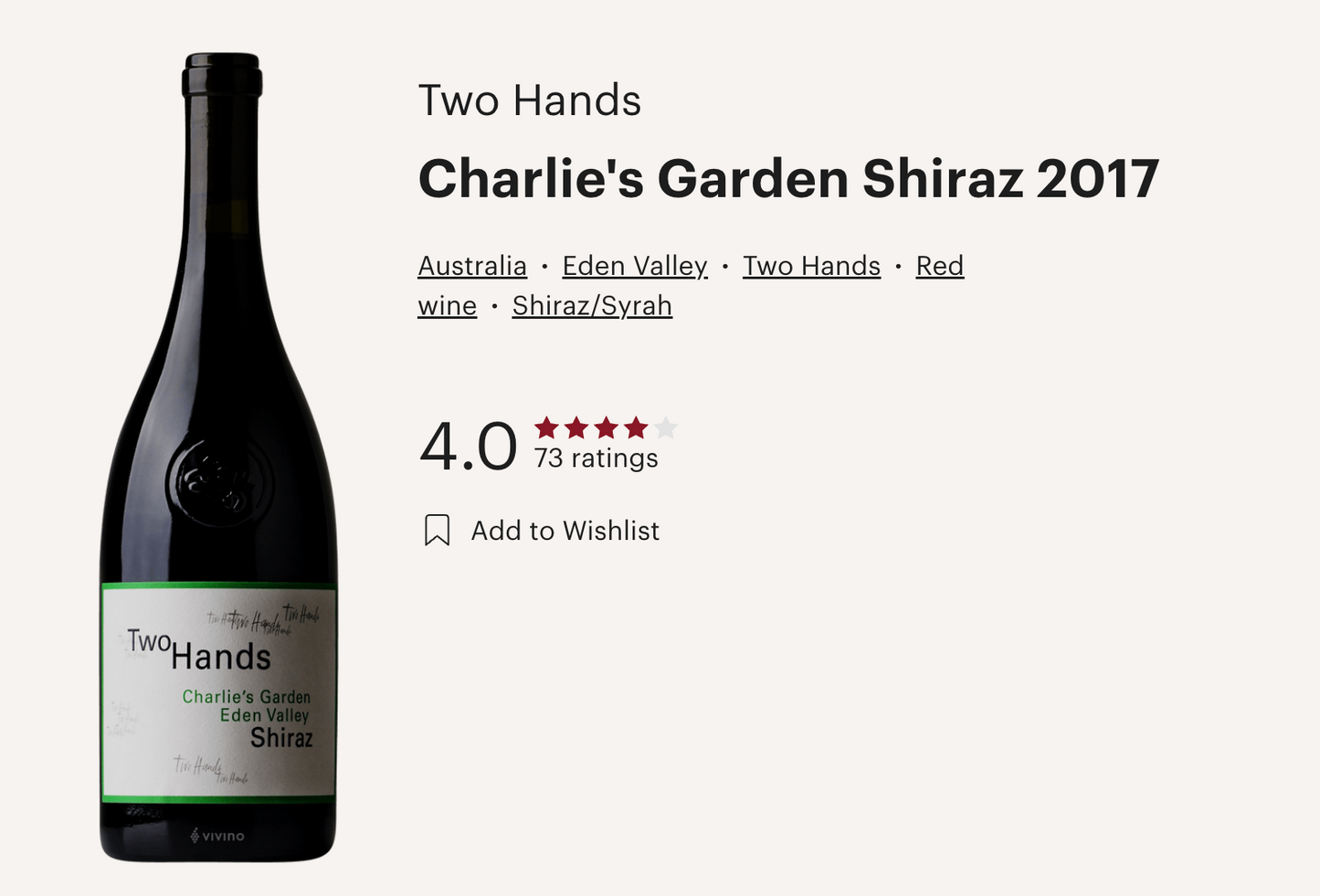 澳洲頂級香醇紅酒 Two Hands Shiraz Charlie's Garden Eden 2017